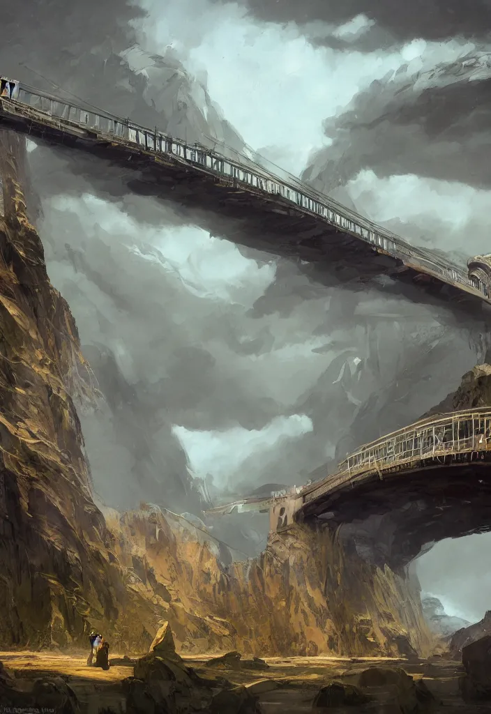Prompt: a highly detailed epic cinematic concept art CG render digital painting artwork: Rainbow Bridge to the Nine Realms. By Greg Rutkowski, in the style of Francis Bacon and Syd Mead and Norman Rockwell and Edward Hopper, open ceiling, highly detailed, painted by Francis Bacon and Edward Hopper, painted by James Gilleard, surrealism, airbrush, Ilya Kuvshinov, WLOP, Stanley Artgerm, very coherent, triadic color scheme, art by Takato Yamamoto and James Jean