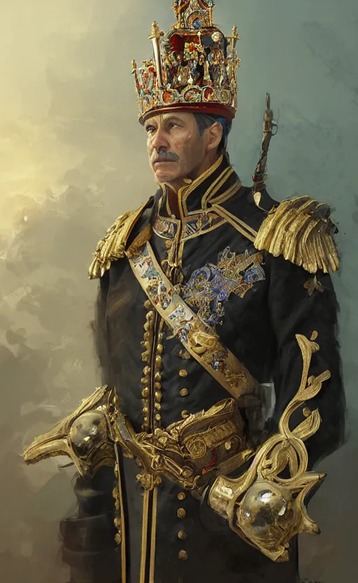 Image similar to Portrait of a middle aged man wearing a ceremonial uniform and a crown, male, detailed face, renaissance, highly detailed, cinematic lighting, digital art painting by greg rutkowski