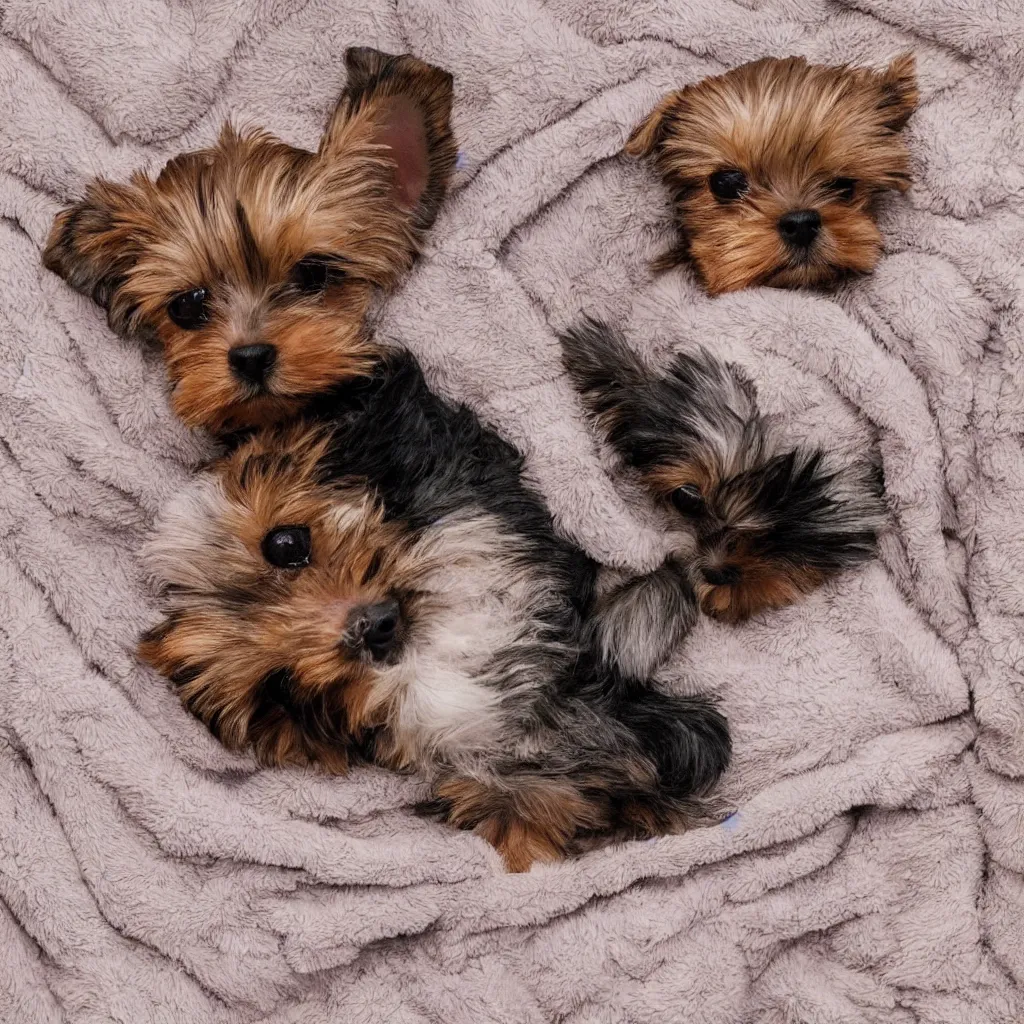 Image similar to digital painting of a cute adorable yorkie puppy sleeping on a soft blanket