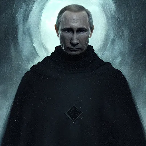 Image similar to portrait of Putin in a black cloak, glowing eyes, detailed face, highly detailed, cinematic lighting, digital art painting by greg rutkowski.