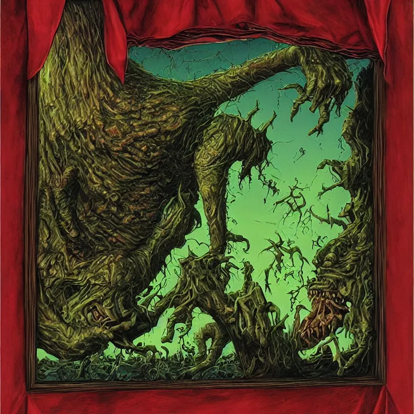 Prompt: a monster reaching through a framed painting. goosebumps cover art by tim jacobus, richard corben. pulp horror art.