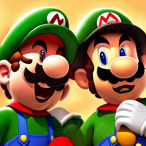 Image similar to mario and luigi at a photo shoot, detailed, centered, digital painting, artstation, concept art, donato giancola, joseph christian leyendecker, wlop, boris vallejo, breathtaking, 8 k resolution, extremely detailed, beautiful, establishing shot, artistic, hyperrealistic, beautiful face, octane render, cinematic lighting, dramatic lighting, masterpiece