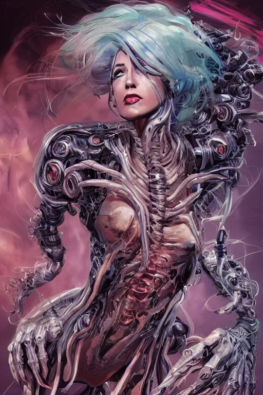 Image similar to comic art,Sprial, a beautiful female six-armed Mutant and Cyborg Sorcerer with white hair long legs dancing in the air,full character design,8k,art by Stanley Artgermm,Travis Charest,Carne Griffiths,trending on Artstation,face enhance,hyper detailed,full of colour,cinematic,dynamic lighting