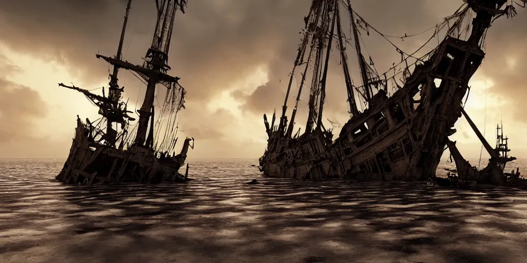 Image similar to shipwrecked spanish galleon, mast and tattered sails, sinking in the mekong delta, sunset, clouds, stormy sea, wrecked sunken pirate ship, tall mast, shipwreck, deconstructed ship, pirate, ghost ship, vietnamese fishing boats, cinematic lighting, hyper realistic, mist, octane render, 8 k, frontlit hyper detailed, ripples, reflections