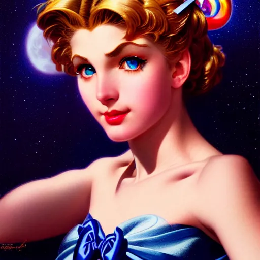 Image similar to head and shoulders Portrait of Sailor Moon, dark fantasy, medium shot, intricate, elegant, highly detailed, digital painting, volumetric light, artstation, concept art, smooth, sharp focus, illustration, art by Gil Elvgren and Greg Rutkowski and Alphonse Mucha