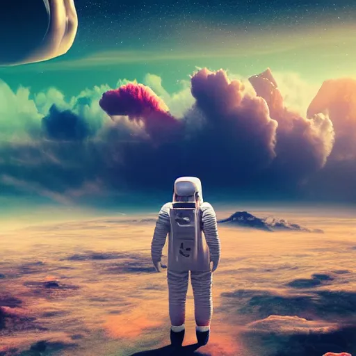 Prompt: a futuristic detailed astronaut walking on an alien psychedelic planet with strange colorful fluffy clouds and distant mountains, 8 k