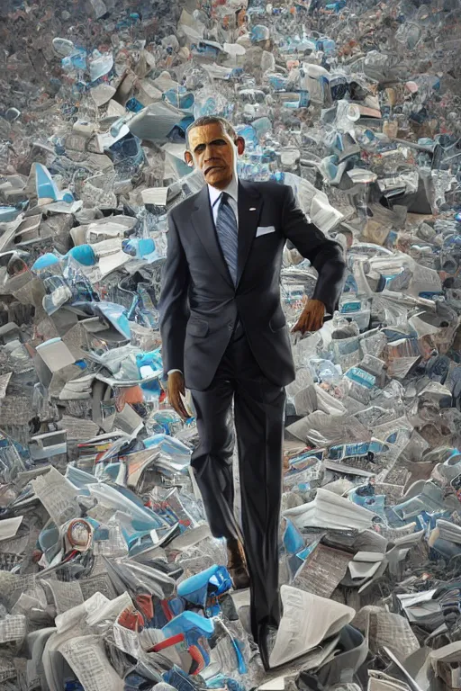 Image similar to obama nervously standing by a mountain of papers, cybertronian, long shot, cinematography by wes anderson, 4 k octane render, intricate detail, photorealistic, cinematic lighting, artstation