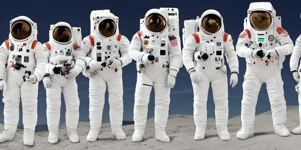 Image similar to A team photo of various animals standing still in white spacesuits before their mission to explore Mars. Highly detailed picture.