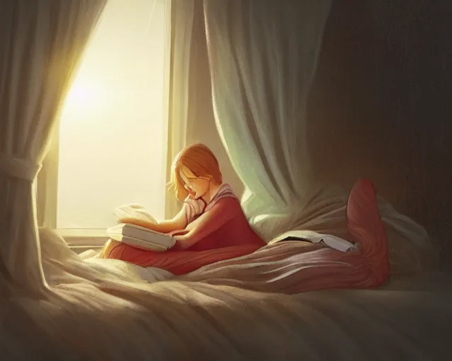Prompt: a realistic beautiful warm matte painting of a woman curled up with a blanket reading a good book next to her friendly cat who is purring with eyes closed. they are both sitting next to a window as the sun sets in winter, by ross tran, trending on artstation, concept art, lofi, digital illustration
