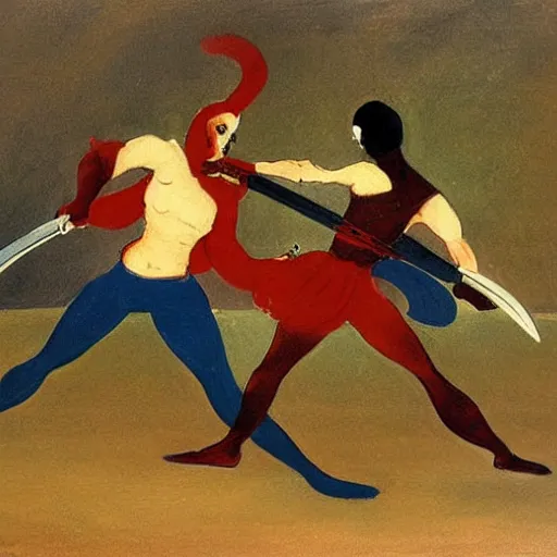 Image similar to A painting of two people, one a demon and the other a human, fighting each other with swords. by Edward Lear peaceful