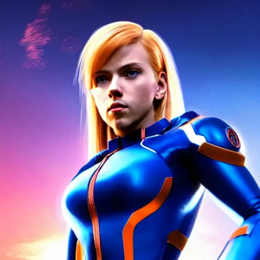 Image similar to scarlett johansson as zero suit samus, 4 k photorealistic, film still, sci - fi blue atmosphere, shiny lens flare cinematic lighting,