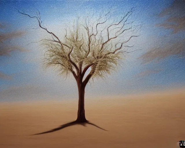 Image similar to a painting of a tree in the desert, an airbrush painting by breyten breytenbach, detailed sand pattern, cgsociety, neo - primitivism, airbrush art, dystopian art, apocalypse landscape