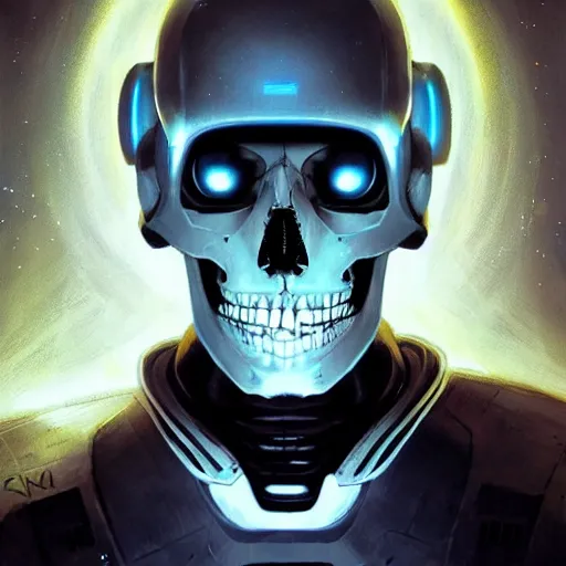 Prompt: skull - headed robot cyborg painting, illutstration, concept art, cyberpunk, futurism, comics art, artgerm, full body shot, anime