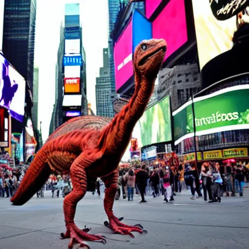 Image similar to velociraptor in Times Square, real photo