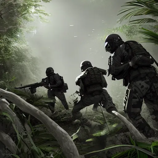 Image similar to Mercenary Special Forces soldiers in light grey uniforms with black armored vest and helmet launching an ambush attack on insurgents in the jungles of Tanoa, combat photography by Feng Zhu, highly detailed, excellent composition, cinematic concept art, dramatic lighting, trending on ArtStation