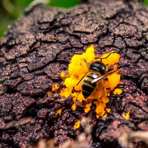 Prompt: a bee trying to reach a flower in a forest on fire, there is fire everywhere, macro photography, ambient light
