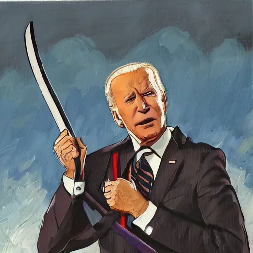 Prompt: Joe Biden with an eyepatch fighting off hordes of obese americans with a katana, action shot, dynamic pose, oil painting