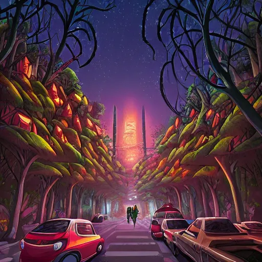 Image similar to street view of gigantic forest temple city at night by cyril rolando and naomi okubo and dan mumford and ricardo bofill