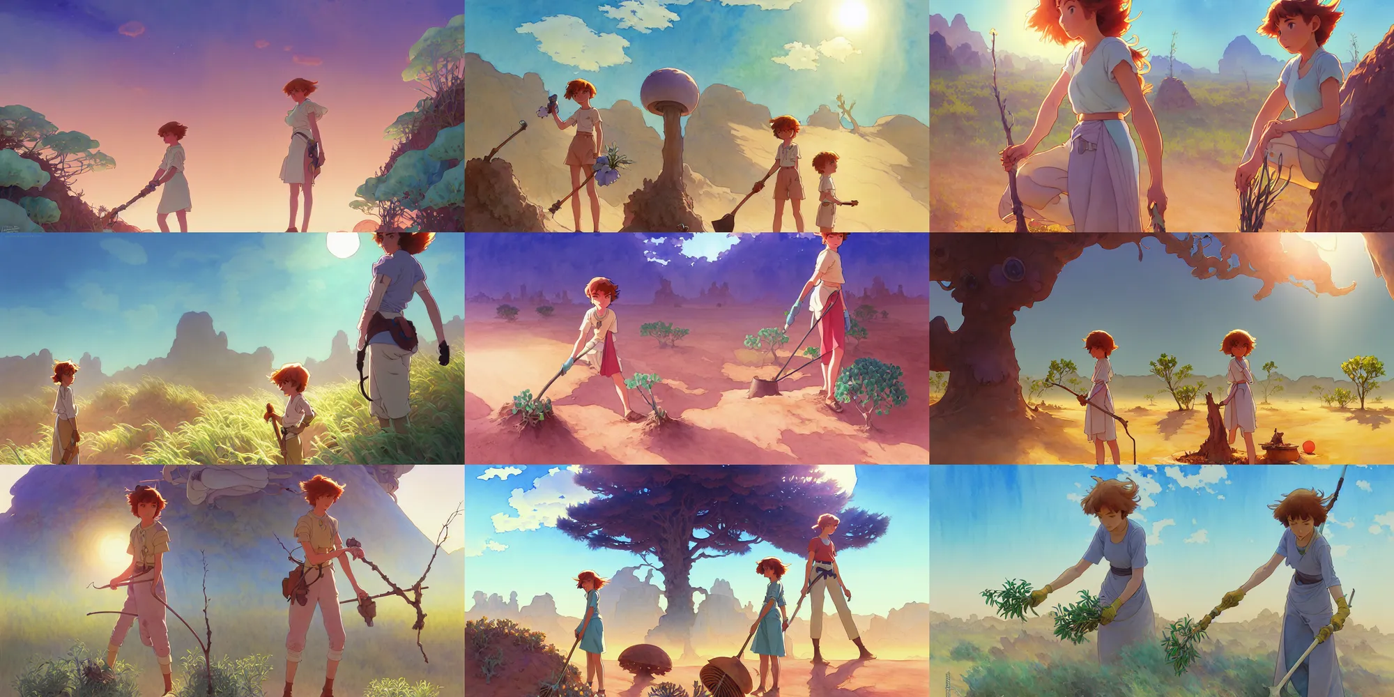 Prompt: a wholesome animation key shot of nausicaa planting trees in the desert, studio ghibli, pixar and disney animation, sharp, disney concept art watercolor illustration by mandy jurgens and alphonse mucha and alena aenami, pastel color palette, bloom, dramatic lighting