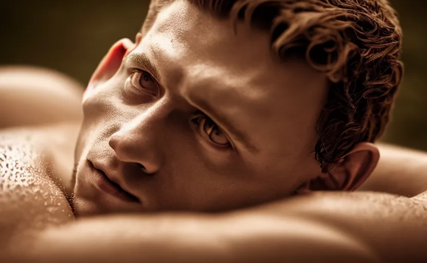 Prompt: photographic portrait by Andy Gotts of Tom Holland in a hot tub, closeup, foggy, sepia, moody, dream-like, sigma 85mm f/1.4, 15mm, 35mm, 4k, high resolution, 4k, 8k, hd, full color