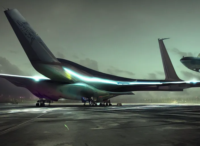 Prompt: immense futuristic jet plane arrives at runway of cyberpunk airport at night ,cinematic lighting, concept art