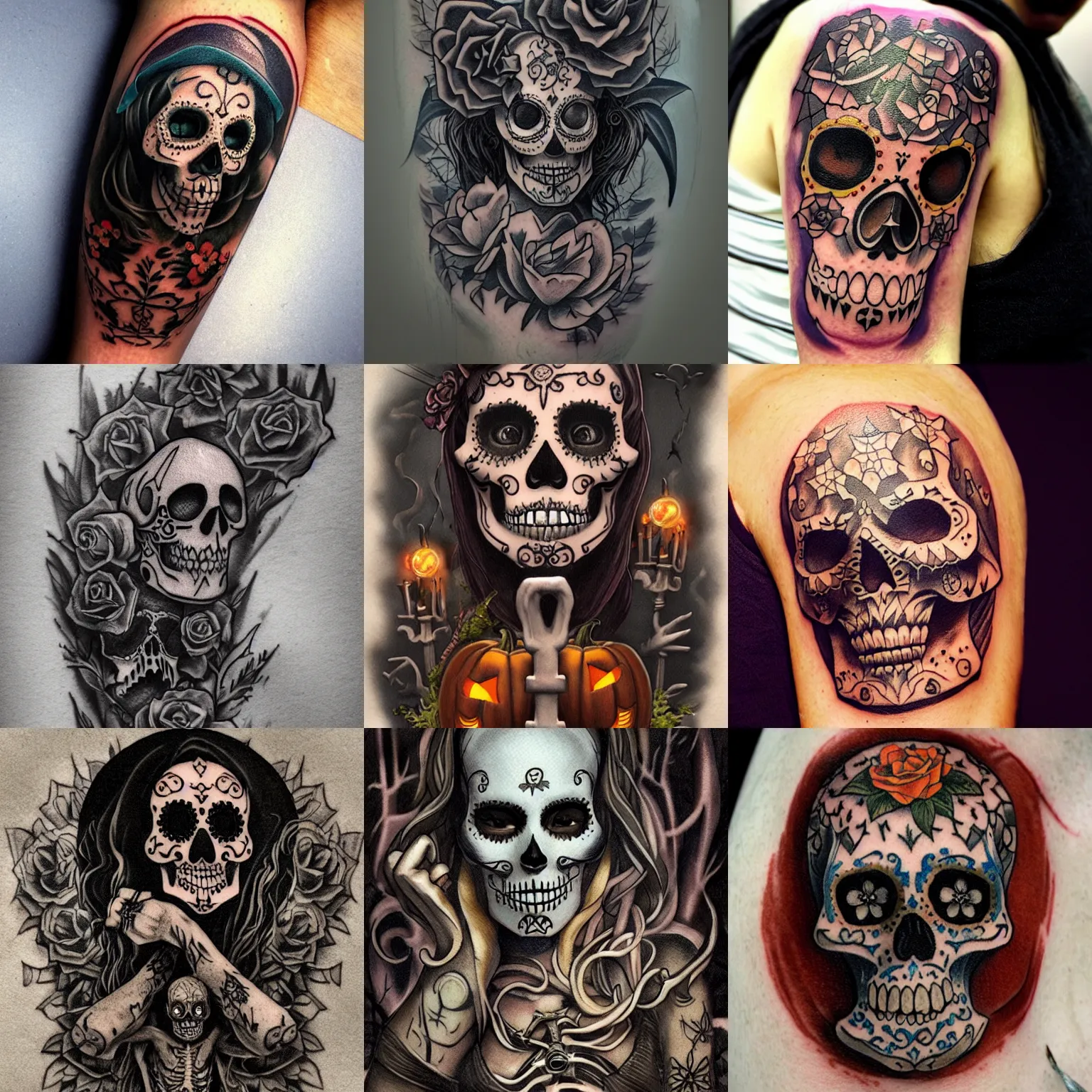 Prompt: halloween tattoo on shoulder by anton pieck, sugar skull in graveyard at midnight, intricate, extremely detailed, digital painting, artstation, concept art, smooth, sharp focus, illustration, intimidating lighting, incredible art,