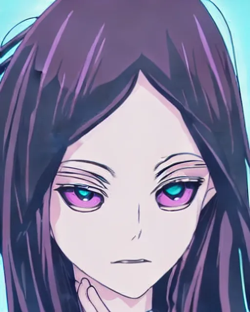 Prompt: style of madhouse anime : : gorgeous willa holland : : evil witch, swirling black magic : : symmetrical face, symmetrical eyes : : full body pose : : gorgeous black hair : : magic lighting, low spacial lighting : :