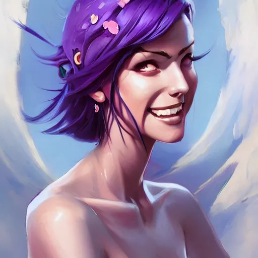 Image similar to beautiful female purple hair tattoo symmetrical face smiling stunning eyes full length fantasy art icon, 2d art cover , official fanart behance hd artstation by Jesper Ejsing, by RHADS, Makoto Shinkai and Lois van baarle, ilya kuvshinov, rossdraws