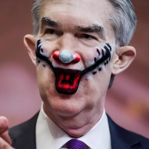 Prompt: detailed photo of Jerome Powell with whiteface clown makeup using a flamethrower projecting a long flame, highly-detailed