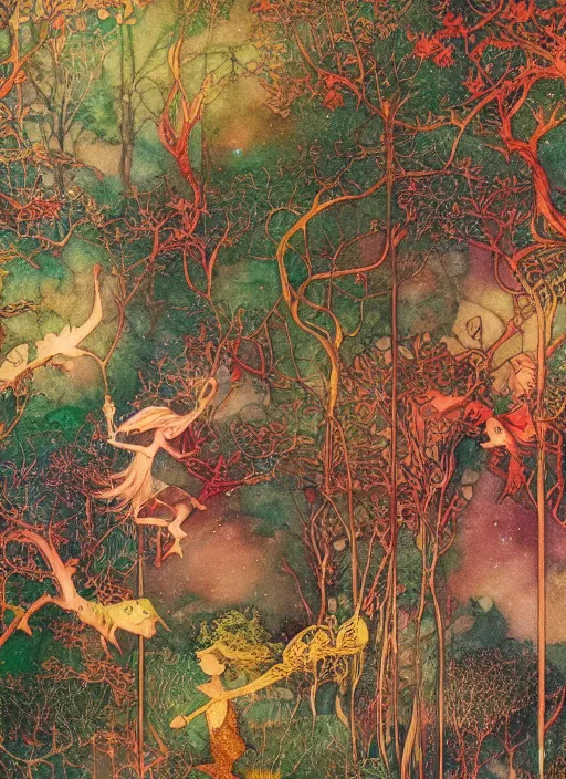 Prompt: magical fantasy forest, green red gold palette, by james jean and hiroshi yoshida and brian froud, photo, textured