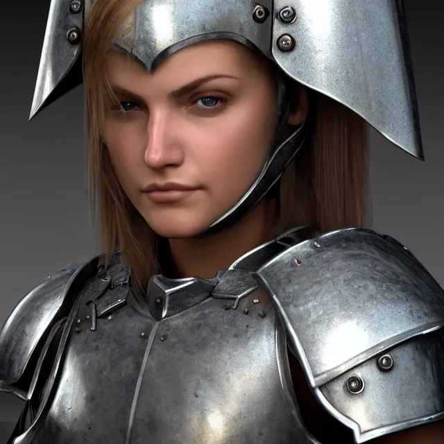 Image similar to perfectly centered close up portrait of a female knight in full body armor, candid photography, by anne stokes, updo, highly detailed, unreal engine 5