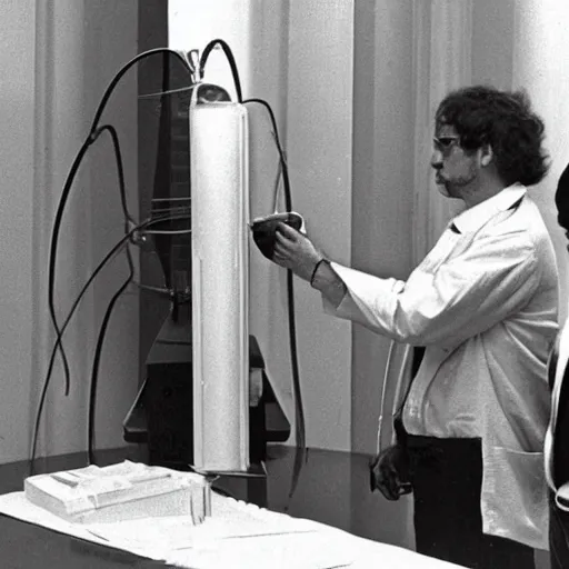 Image similar to Scientists testing out a new teleportation device, 1980 archival photo