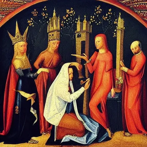 Prompt: Medieval oil painting of Lady Gaga signing a world peace treaty.
