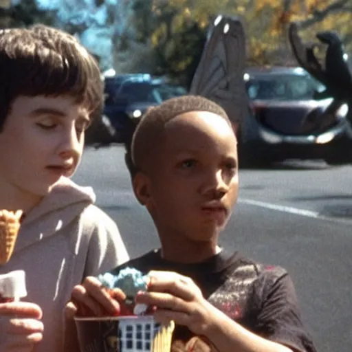 Image similar to mothman and moth boy getting ice cream, movie still