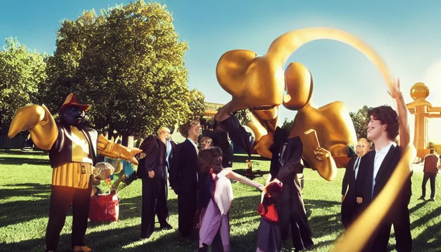 Prompt: 1990s candid photo of a beautiful day at the park, cinematic lighting, cinematic look, golden hour, costumed business mascot people coming out of a portal, Enormous personified business people with outstandingly happy faces coming out of a portal and talking to families, UHD