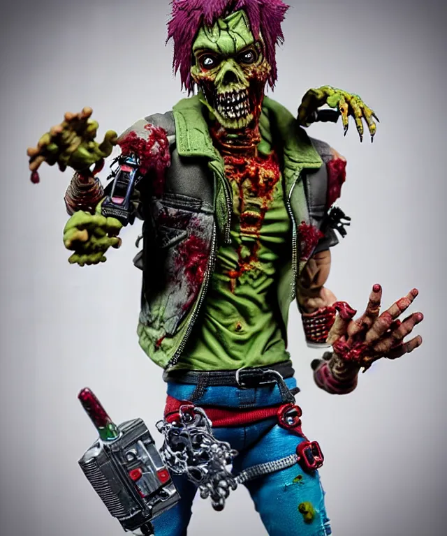 Prompt: hyperrealistic rendering, punk rock zombie is motu action figure, product photography