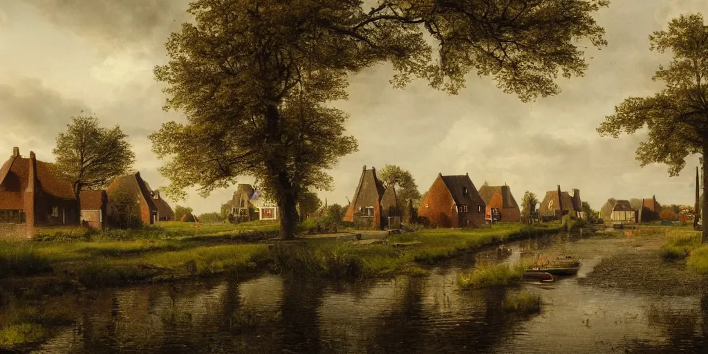 Prompt: a beautiful landscape photo of a dutch village in the Hoeksche Waard, cinematic atmosphere