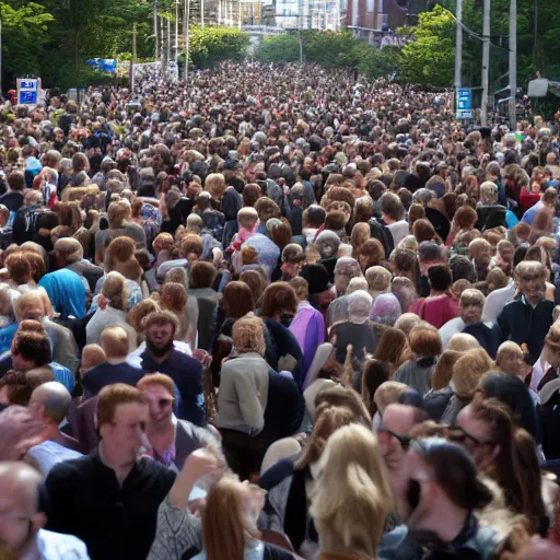 Prompt: a 7 foot tall, ginger, balding man walking among the crowd