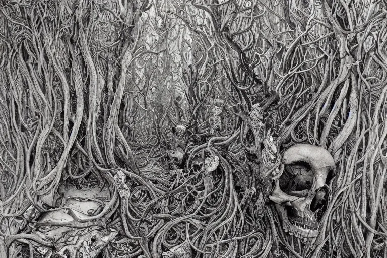 Image similar to an eerie insanely detailed forest of the soul, highly ambiguous, symbolic, eyes of strange creatures hiding in the dark, skulls of critters and bones of animals, snakes and vines and cobwebs and old trees, a glimpse of hope, ink and ballpoint, inspired by claire scully and evan cagle and simon prades