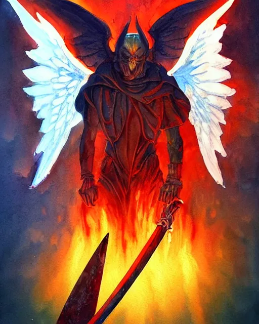 Prompt: a oil / watercolor painting full body character portrait of a demonic angel wielding a broken sword coated in fire in the style of moebius in the style of leonard boyarsky trending on artstation deviantart pinterest detailed photorealistic highlights and shadow hd 8 k post - processing high resolution