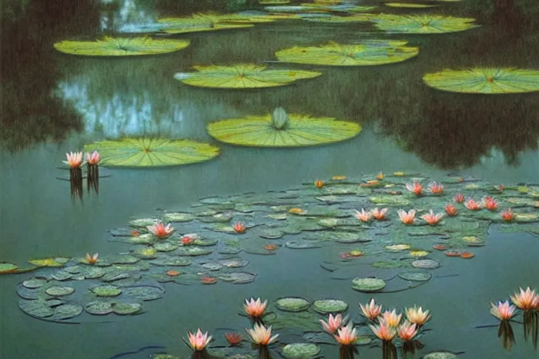 Image similar to pale teal rain beside pond with waterlilies, fantasy, intricate, elegant, dramatic lighting, emotionally evoking symbolic metaphor, highly detailed, lifelike, photorealistic, digital painting, artstation, concept art, smooth, sharp focus, illustration, art by John Collier and Albert Aublet and Krenz Cushart and Artem Demura and Alphonse Mucha