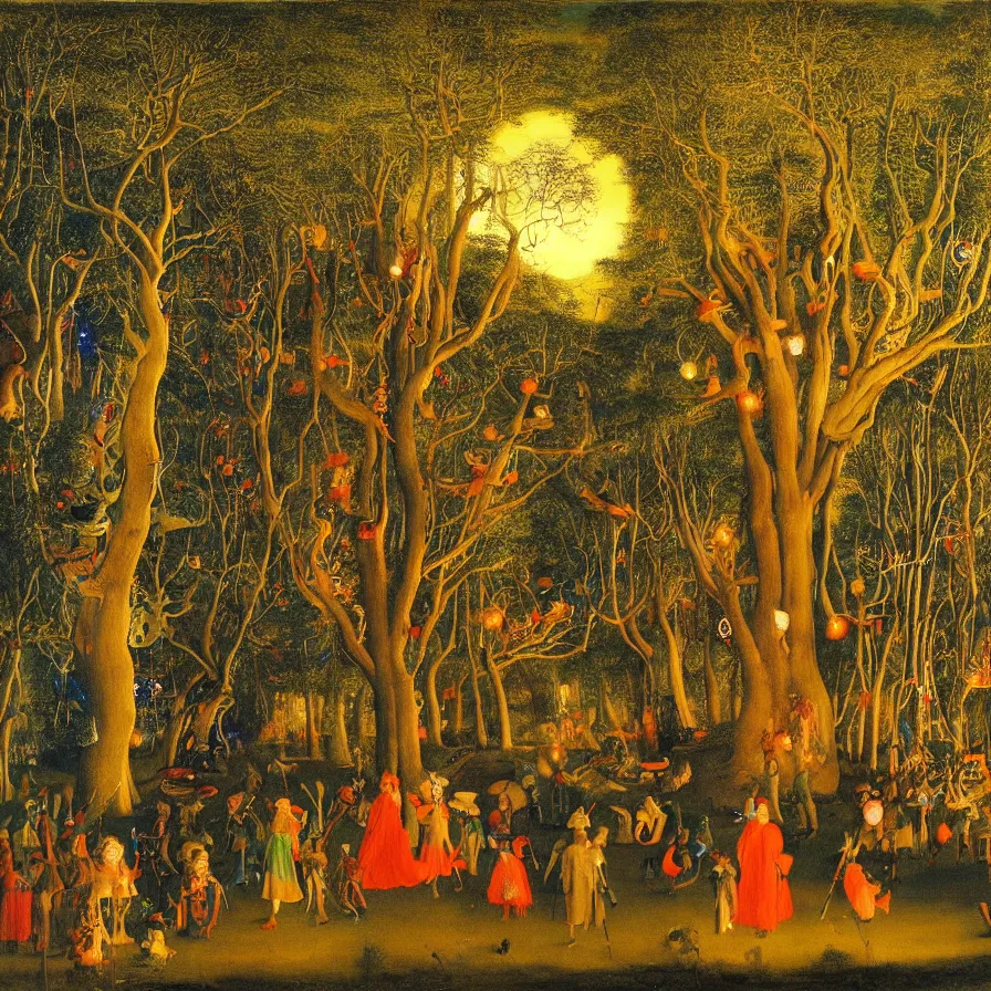 Image similar to a night carnival around a magical tree cavity, with a surreal orange moonlight and fireworks in the background, next to a lake with iridiscent water, christmas lights, folklore animals and people disguised as fantastic creatures in a magical forest by summer night, masterpiece painted by jan van eyck, dark night environment