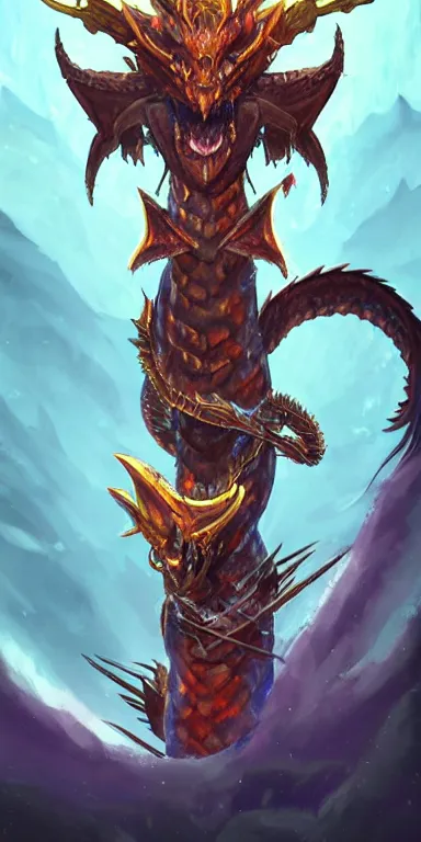 Image similar to draconic staff, dragon staff,((((dragon head)))) on top of the staff, ((((dragon head)))) on top of the staff, glowing draconic staff, epic fantasy style art, fantasy epic digital art, epic fantasy weapon art, hearthstone style art