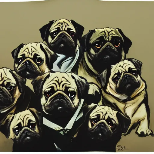 Image similar to self portrait showing family of pugs by yoji shinkawa, extra details, colored, 4 k, dynamic lighting