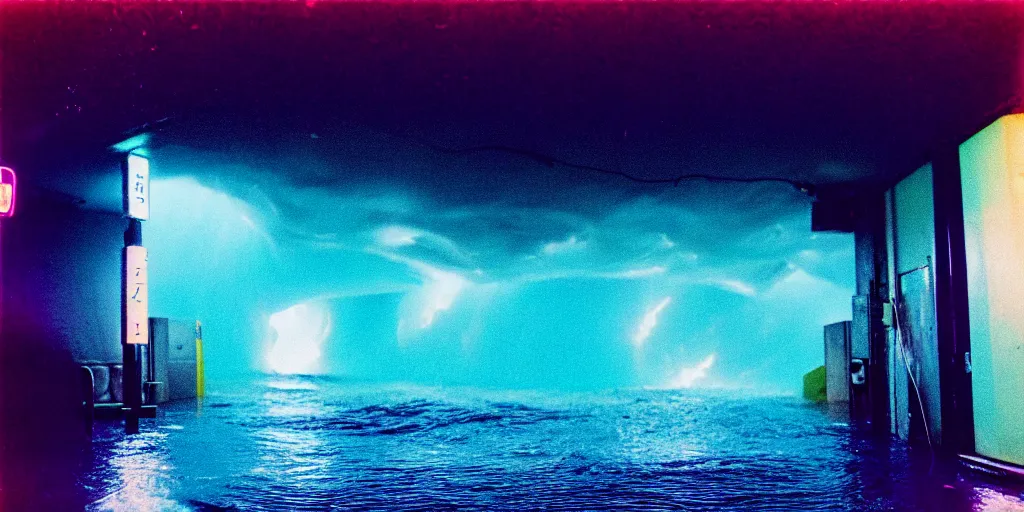 Prompt: underwater footage of a portal at the end of a tokyo alley, thunderstorm and heavy rain, non - euclidean, neon lights, ektachrome photograph, volumetric lighting, f 8 aperture, cinematic eastman 5 3 8 4 film