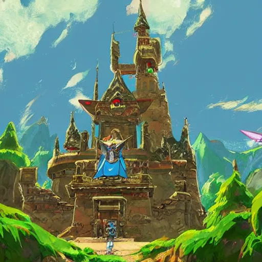 Image similar to breath of the wild style Hyrule castle in studio ghibli theme