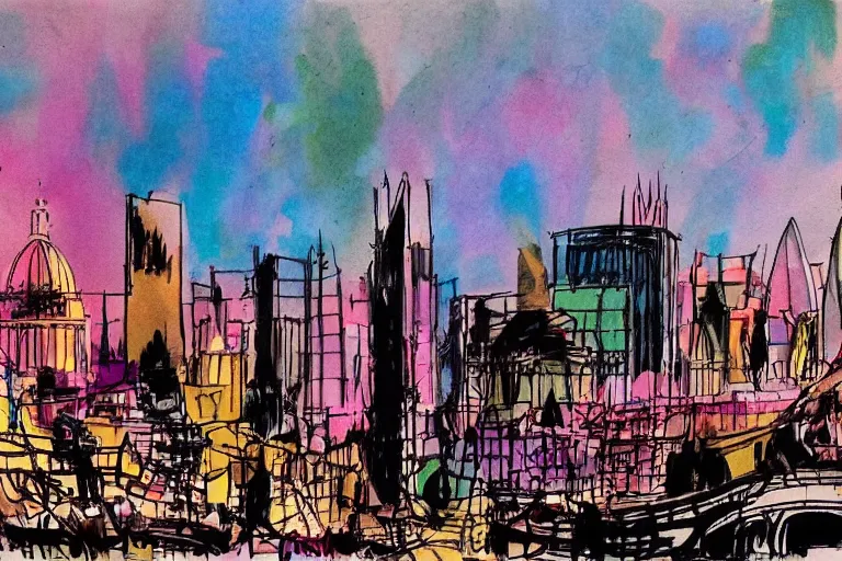 Image similar to color sketch of the london skyline, highly detailed, dramatic lighting, intense shadows, rich deep colours, by quentin blake