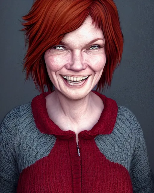 Image similar to portrait of happy short and plump 5 0 - year - old woman with red hair and, kind face, short hair, wearing in cardigan, hyper realistic face, beautiful eyes, character art, art by mark brooks, hyperdetailed, cryengine, trending on artstation, digital art