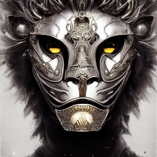 Image similar to Very very very very highly detailed epic photo of face with lion venetian mask, intricate, dystopian, sci-fi, extremely detailed, digital painting, artstation, concept art, smooth, sharp focus, illustration, intimidating lighting, incredible art by Artgerm and Vincent di Fate