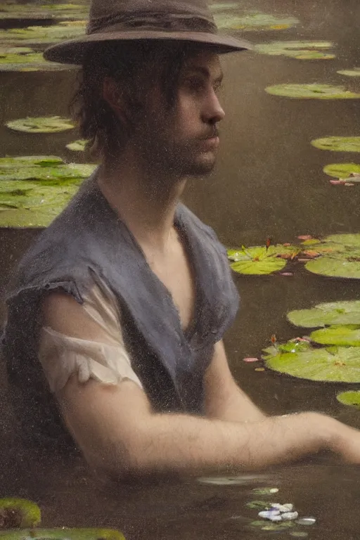 Image similar to detailed cinematic moody colors studio portrait of a young victorian gentleman in a beautiful victorian water pond, water lilies, high quality by jeremy mann, only one head single portrait